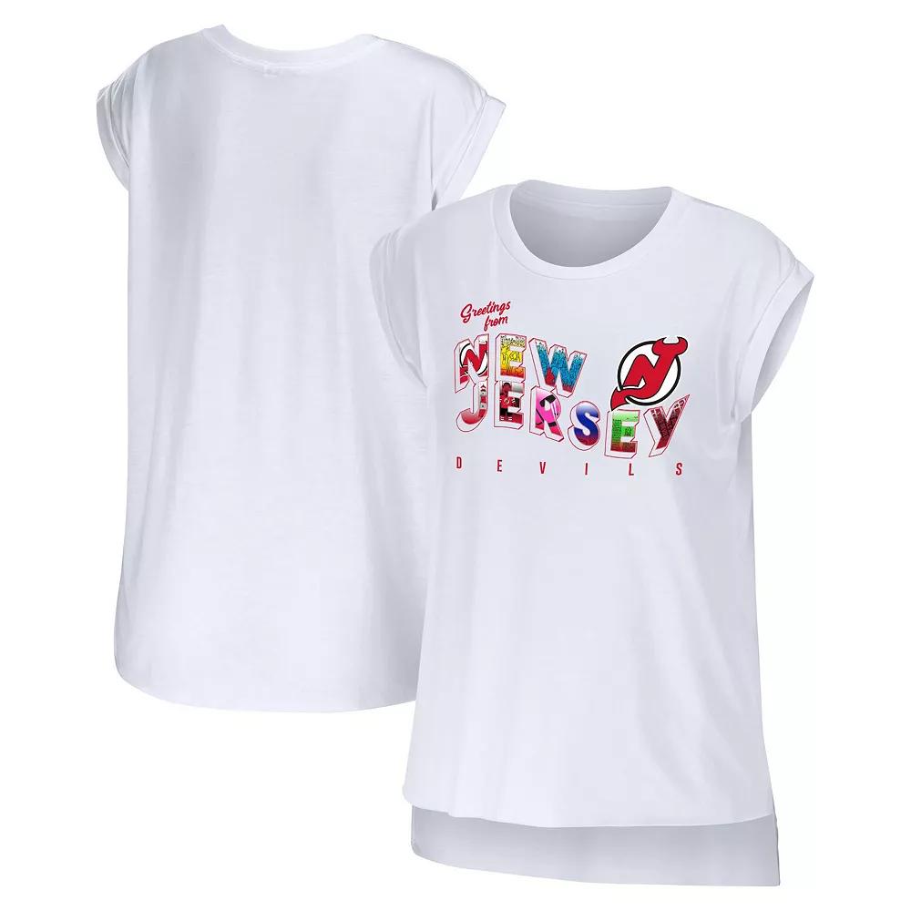 Women's WEAR by Erin Andrews White New Jersey Devils Greetings From Muscle T-Shirt,  Product Image
