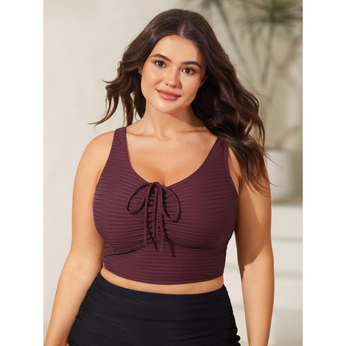 Plus Size Adjustable Drawstring Scoop Neck Swim Top Women's Swimwear Deepred Resort Drawstring High stretch Skinny U-neck Curve Swim Tops BloomChic 22-24/3X Product Image