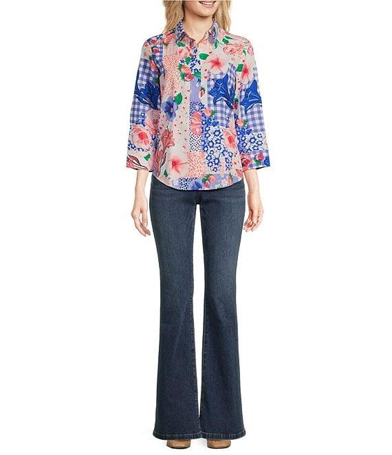 Foxcroft June Printed Collared Neck 3/4 Sleeve Top Product Image