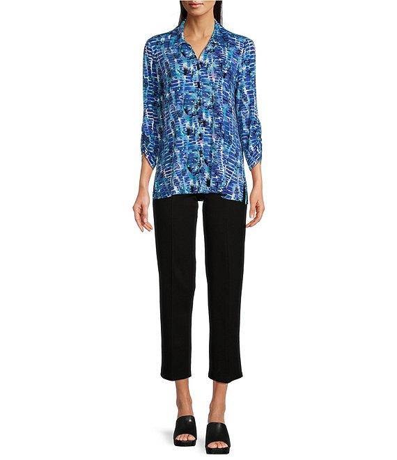 Ali Miles Stretch Abstract Tile Print Collared Neckline 3/4 Ruched Sleeve Tunic Product Image