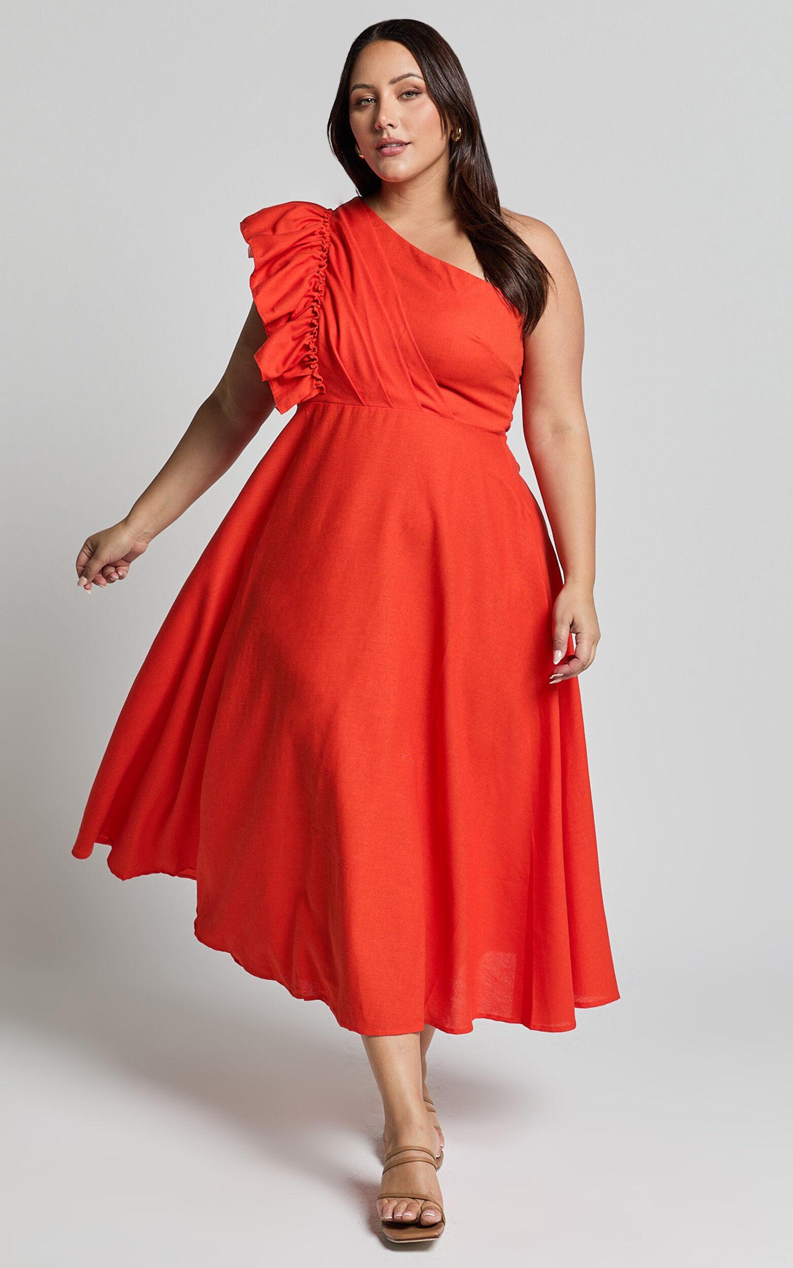 Dixie Midi Dress - Linen Look One Shoulder Ruffle Dress in Red Orange Product Image