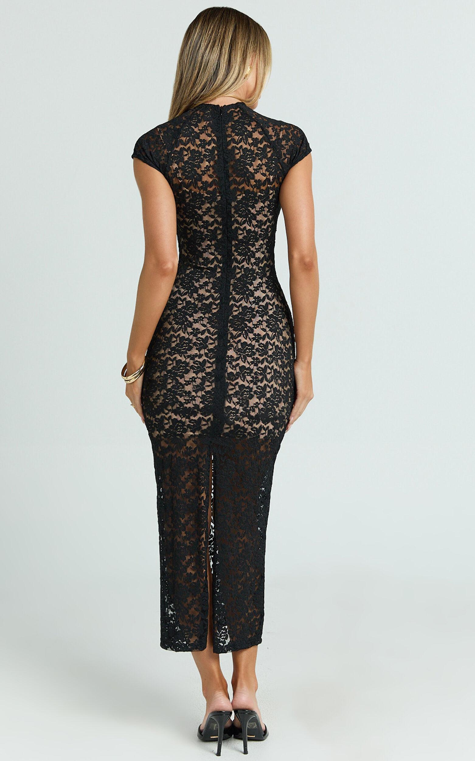 Emma Midi Dress - Lace Cap Sleeve Bodycon Dress in Black Product Image