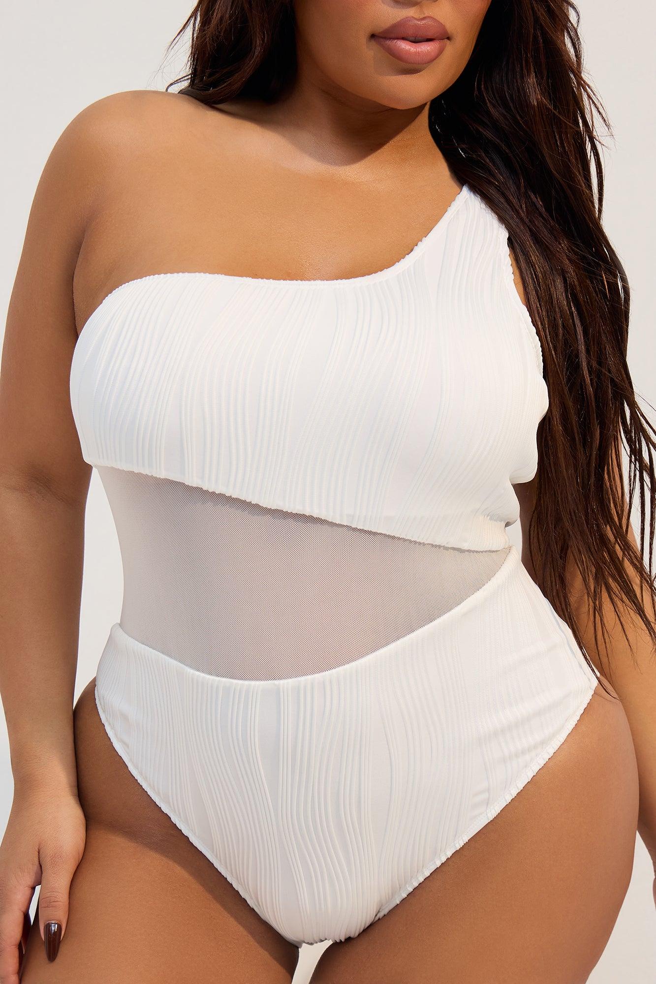 Marley Textured One Shoulder Mesh Cutout 1 Piece Swimsuit - White Product Image