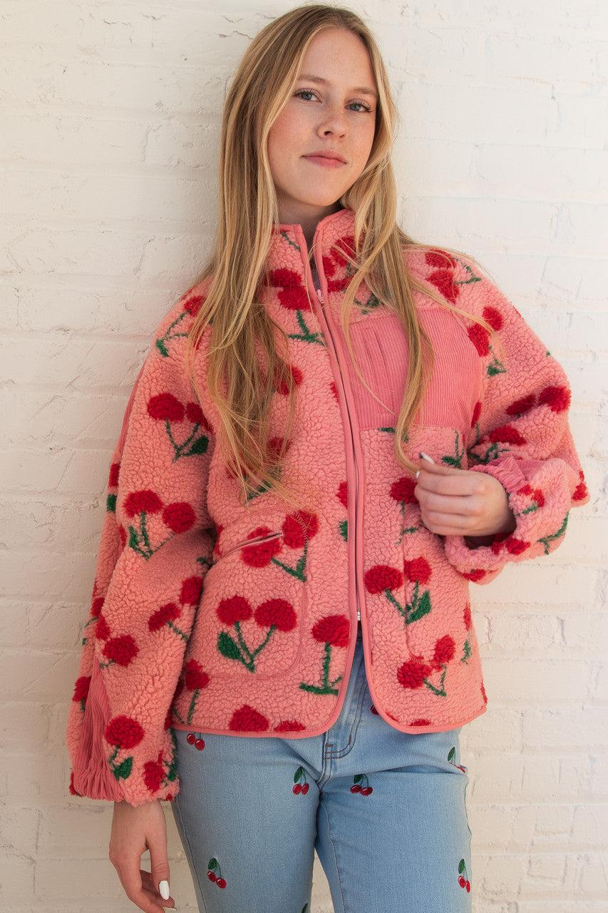 Fruit Pattern Corduroy Detail Faux Sherpa Jacket Product Image