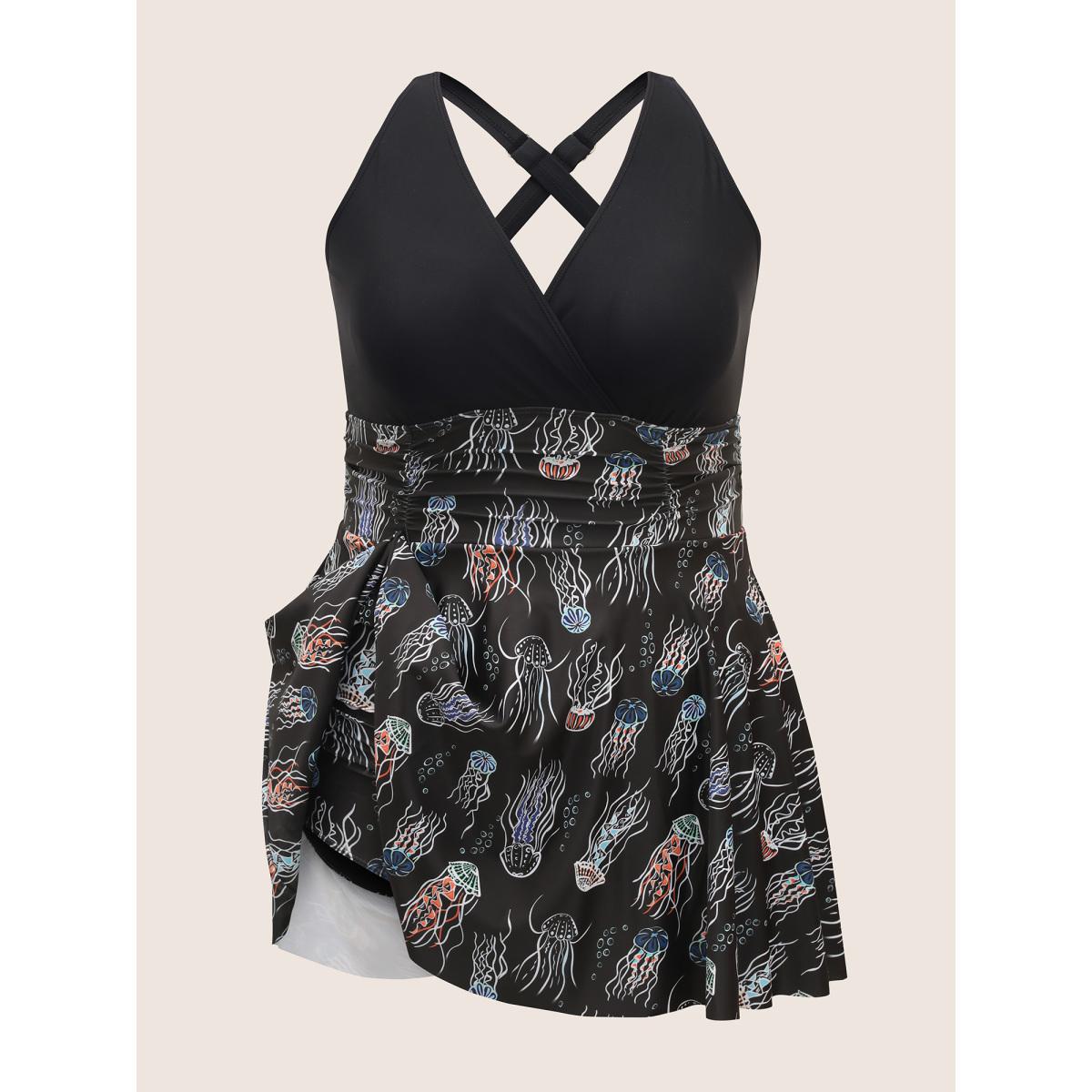 Plus Size Marine Elements Patchwork Ruched Swim Dress Women's Swimwear Black Beach Bodycon Overlap Collar High stretch Curve Swim Dresses BloomChic 10/M Product Image