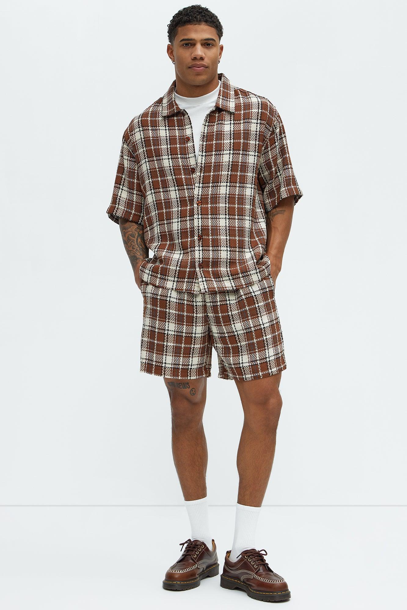 Plaid Basket Weave Volley Shorts - Brown/combo Product Image