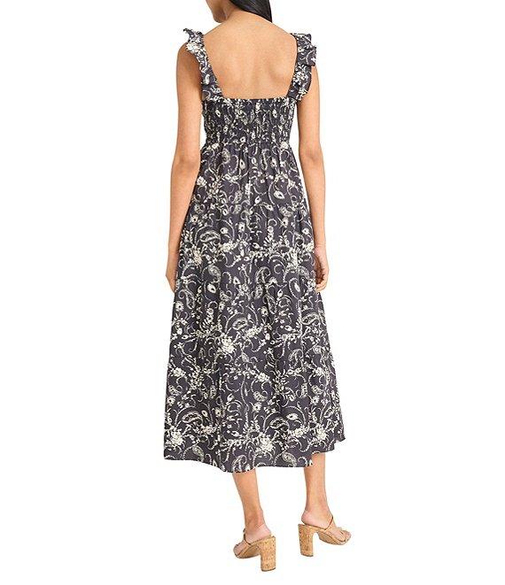 The Good Journey V-Neck Ruffle Shoulder Printed Cotton Poplin A-Line Midi Dress Product Image