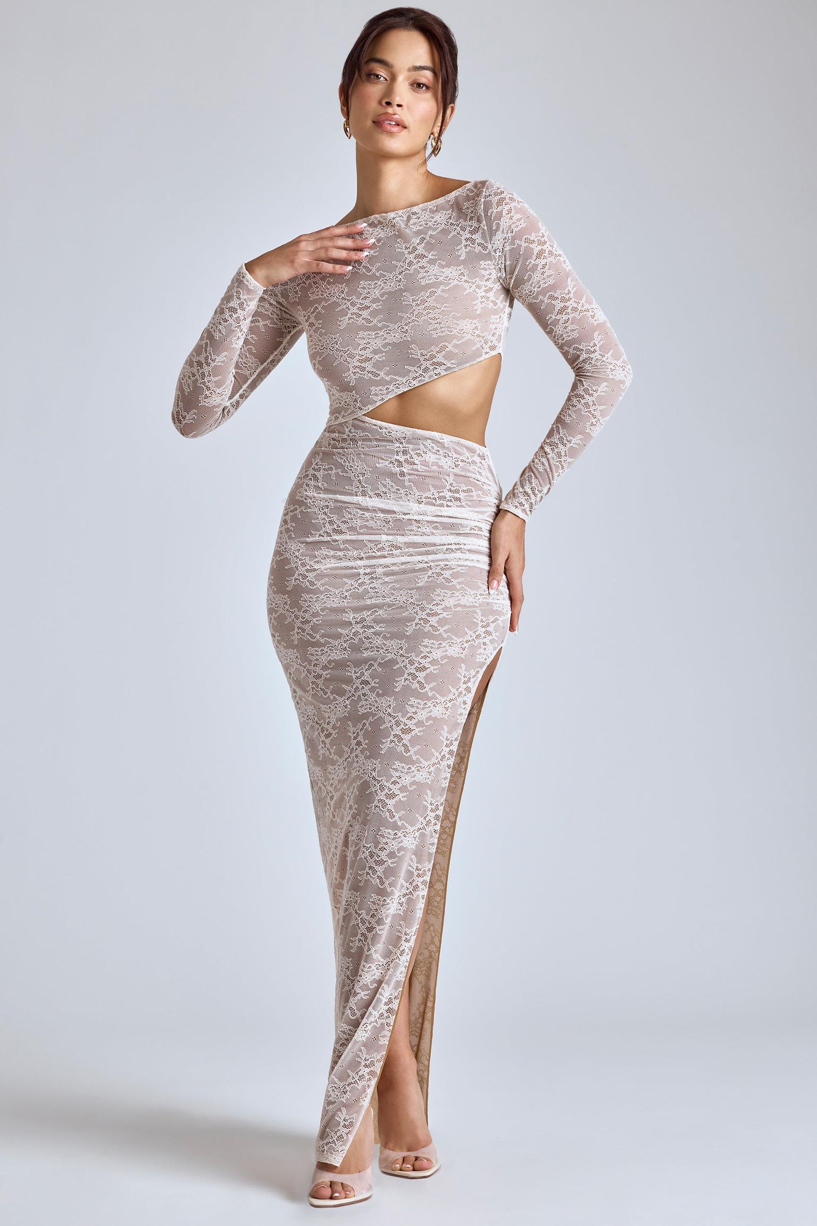 Lace Long Sleeve Maxi Dress in Ivory Product Image