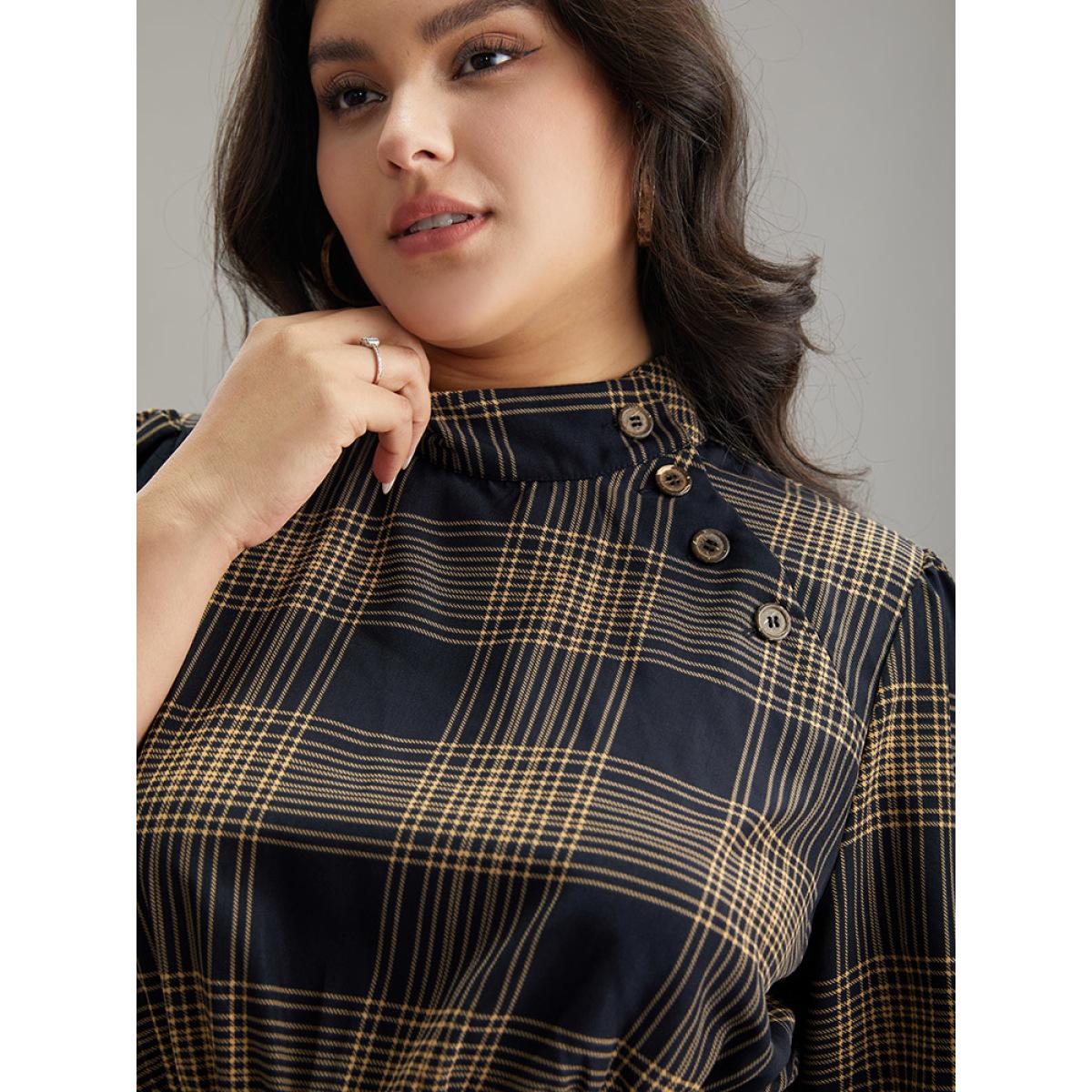 Plus Size Mock Neck Plaid Buckle Detail Belted Dress Indigo Women Office Belted Mock Neck Elbow-length sleeve Curvy Midi Dress BloomChic 10/M Product Image