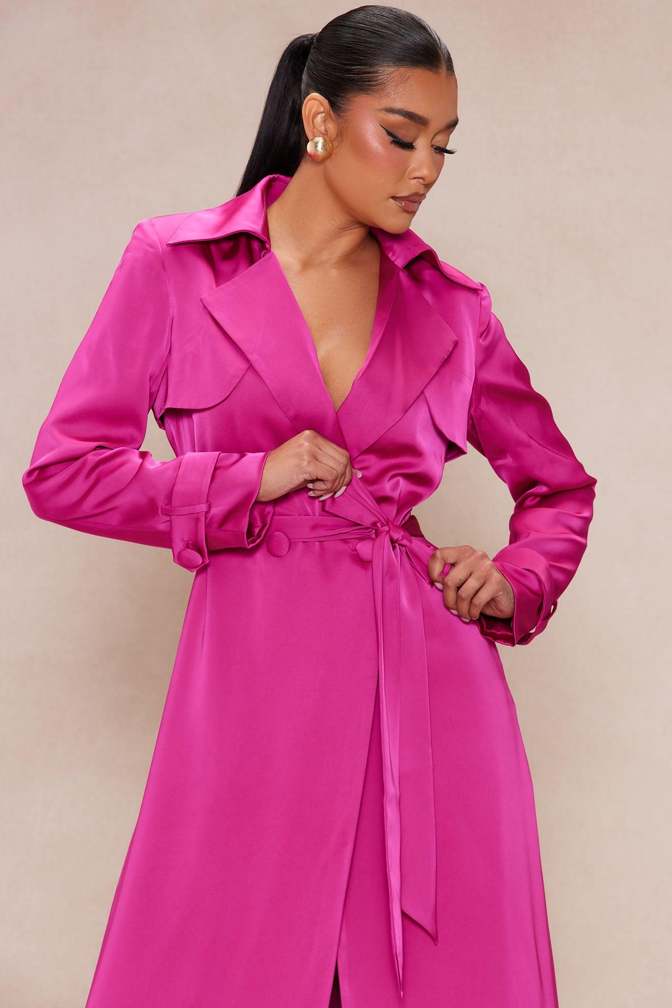 Gabriella Satin Trench Coat And Pant Set - Hot Pink Product Image