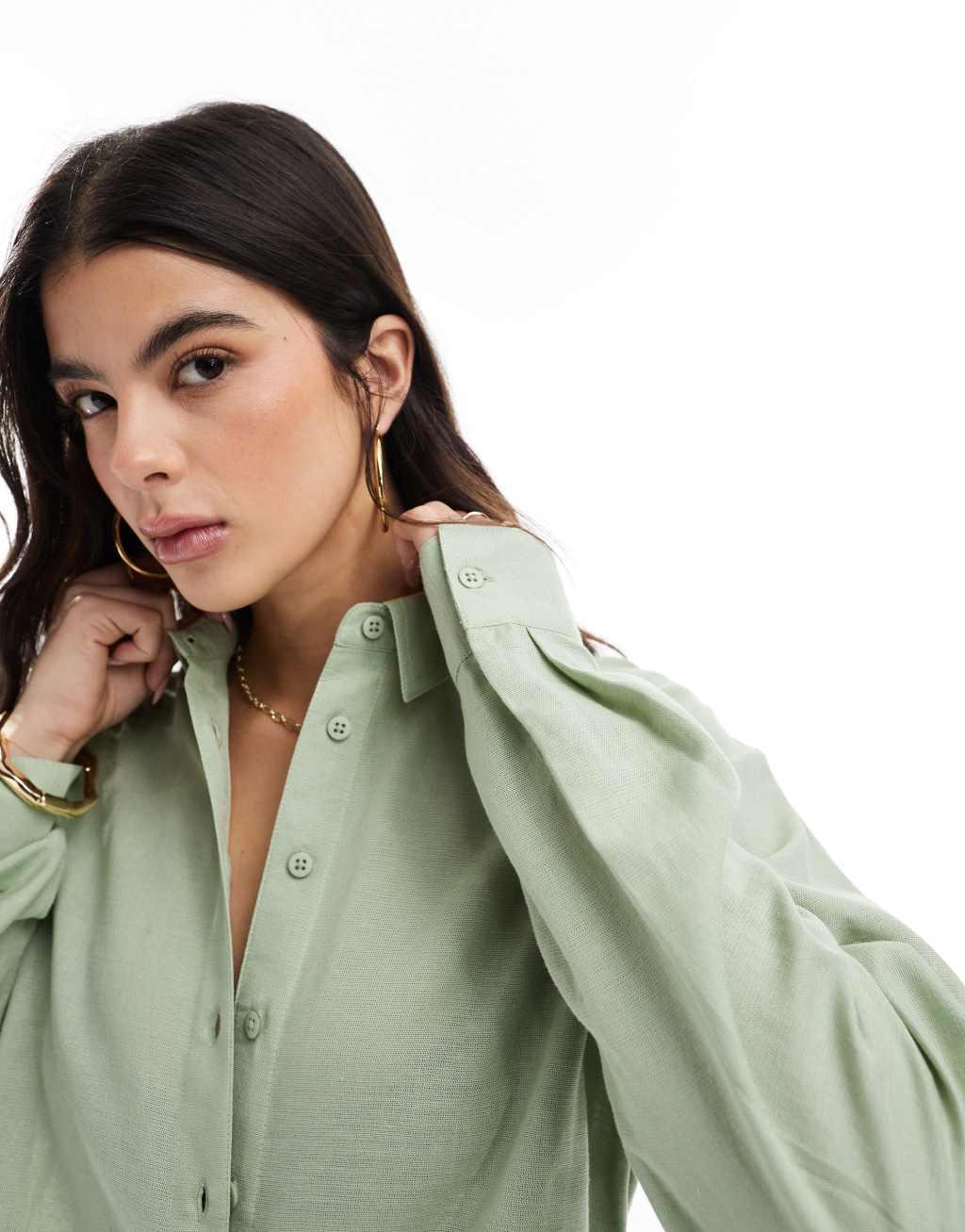 ASOS DESIGN linen blend shirt in khaki Product Image