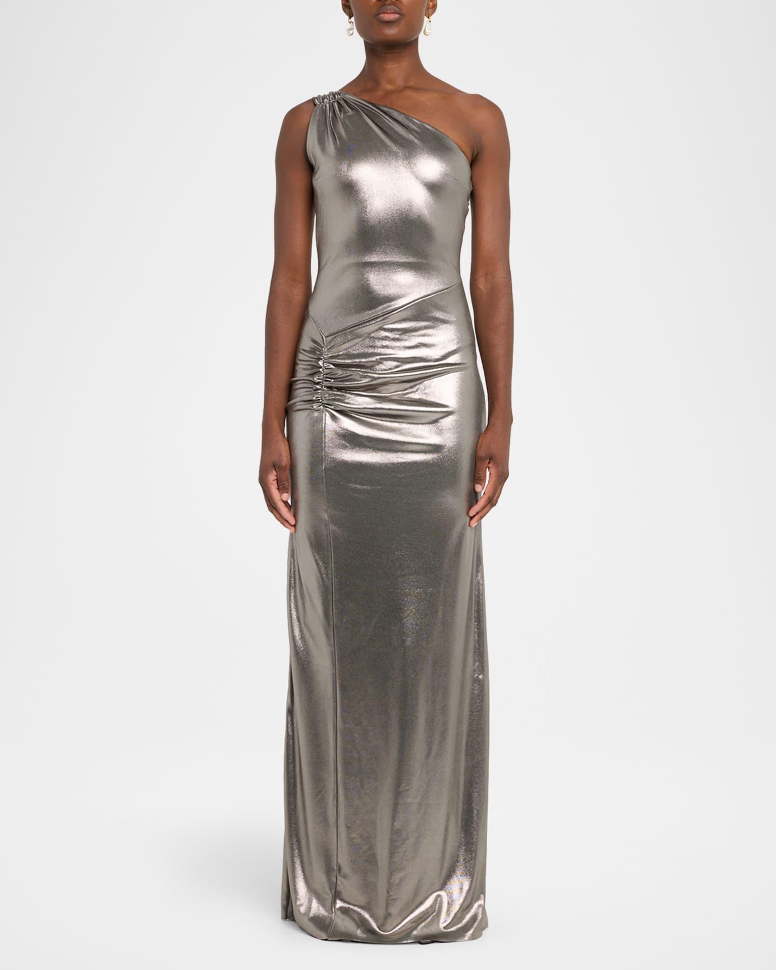 Ruched One-Shoulder Metallic Jersey Gown Product Image