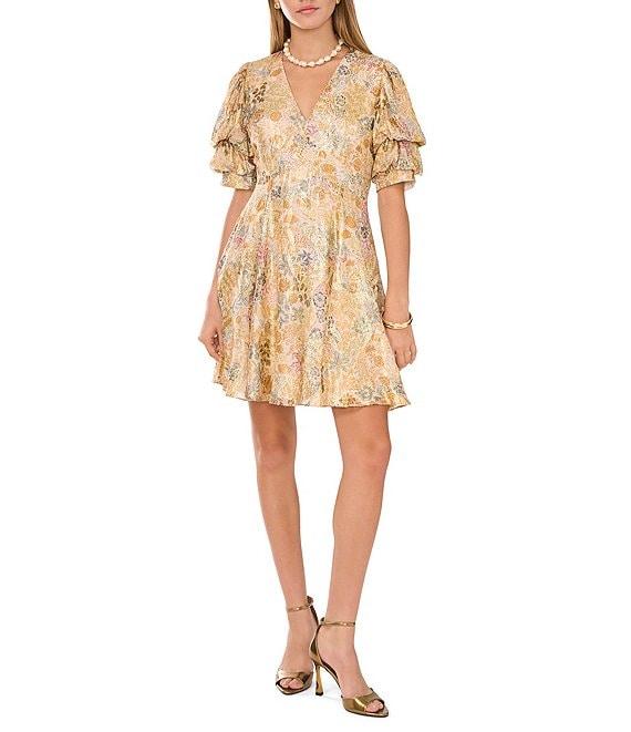 1. STATE Paisley Short Tiered Bubble Sleeve V Neckline Dress Product Image