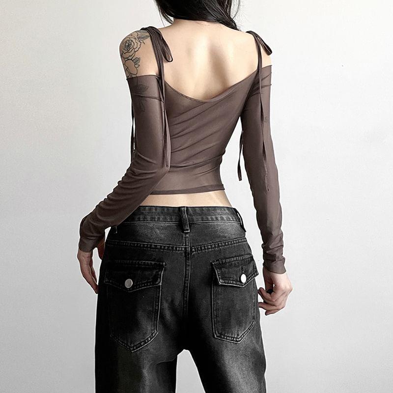 Long Sleeve Tie-Strap Off-Shoulder Plain Mesh  Crop Top Product Image