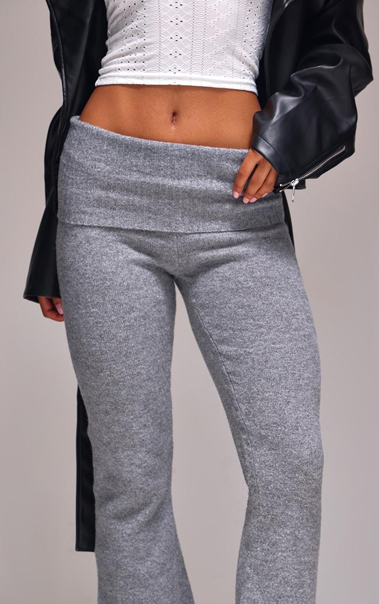Ash Grey Melange Soft Knit Foldover Waist Flared Pants Product Image