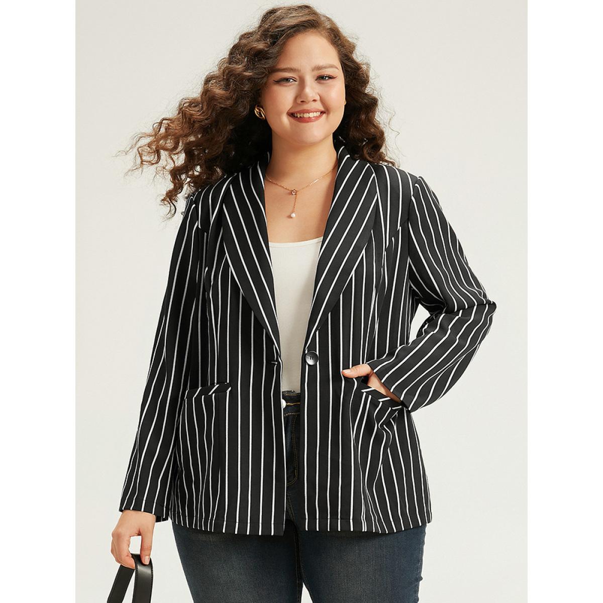 Plus Size Striped Suit Collar Button Up Blazer Black Women Work Striped Contrast Sleeve Long Sleeve Suit Collar 12/L Pocket Casual Blazers BloomChic Product Image