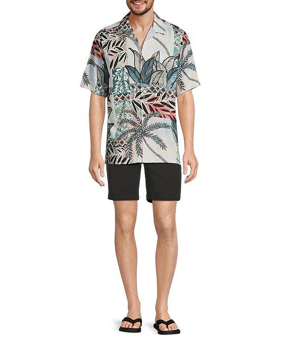Caribbean Jacquard Patchwork Palm Print Short Sleeve Woven Camp Shirt Product Image