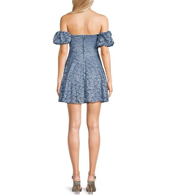 Honey and Rosie Glitter Stretch Lace Off-The-Shoulder Puff Sleeve Dress Product Image