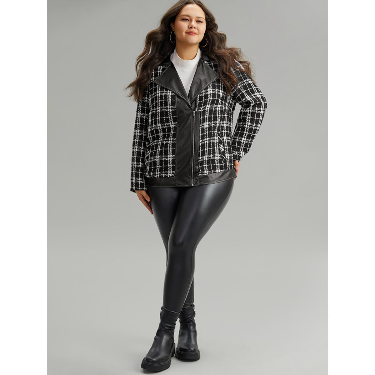 Plus Size Plaid PU Patchwork Zipper Fly Jacket Women Black Contrast Dailywear Jackets BloomChic 18-20/2X Product Image
