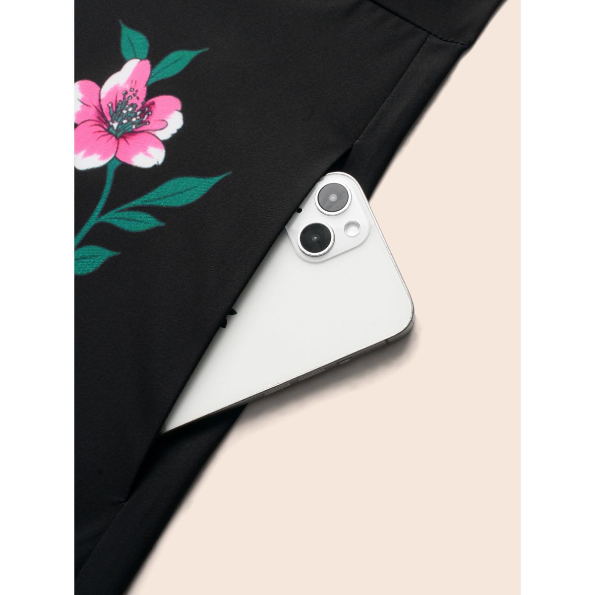 Plus Size V Neck Floral Button Detail Dress Black Women Elegant Button V-neck Long Sleeve Curvy BloomChic 18-20/2X Product Image