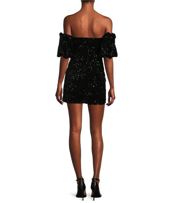 Honey and Rosie Shoulder Puff Short Sleeve Tamia Sequins Velvet Dress Product Image
