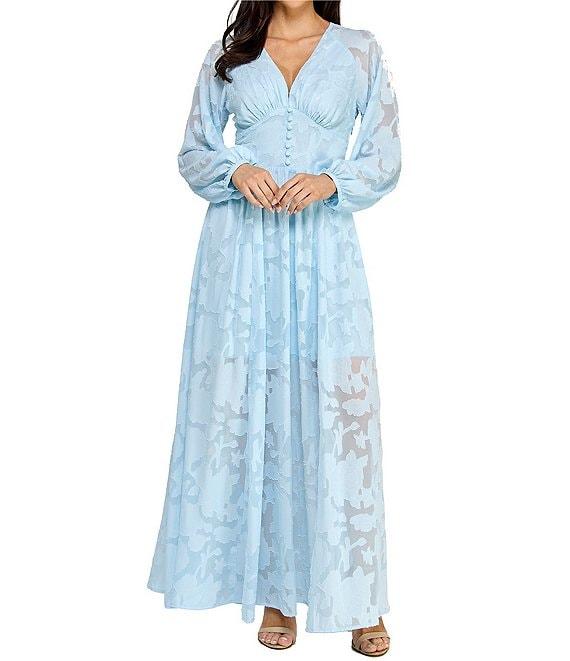 Layered With Love Alona Burnout Jacquard V-Neck Long Sleeve Button Front Side Slit Maxi Dress Product Image