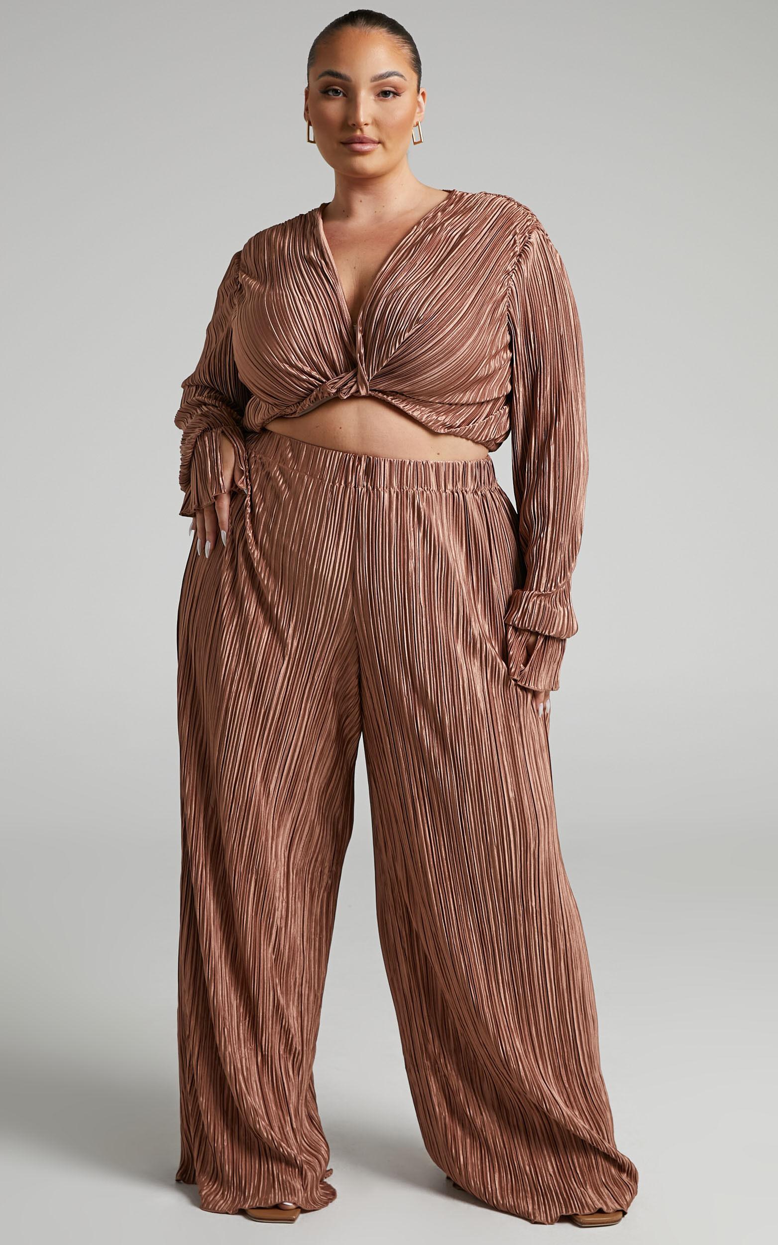 Aluna Two Piece Set - Plisse Twist Front Crop Top and Wide Leg Pants Set in Chocolate Product Image