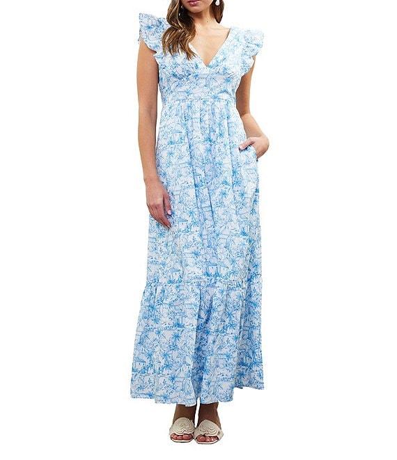 Skies Are Blue Printed V-Neck Flutter Sleeve Tiered Maxi Dress Product Image