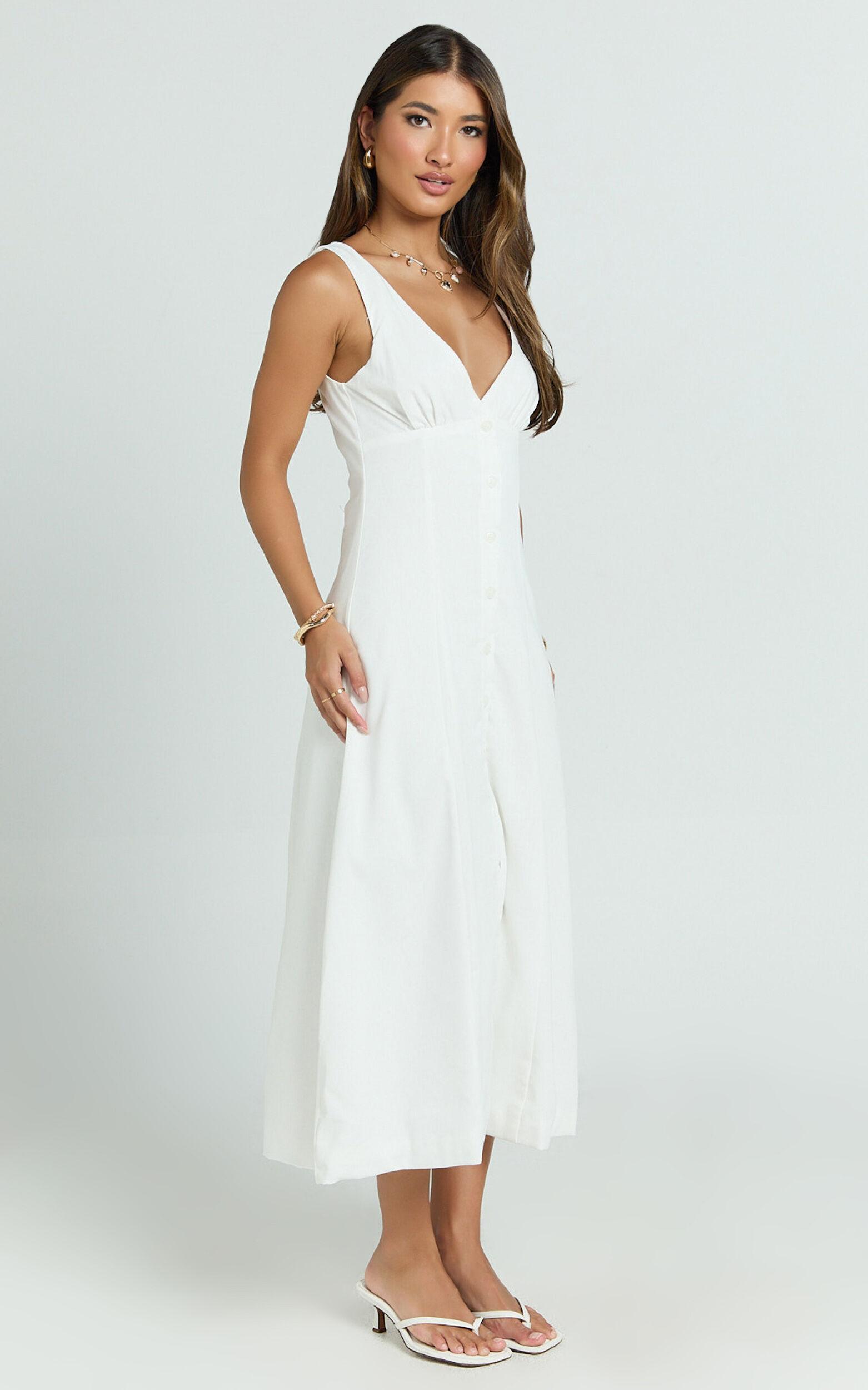 Zula Midi Dress - V Neck Sleeveless Under Bust Seam Circular Skirt Dress in White Product Image