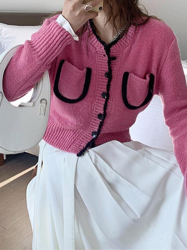 Contrast Color Trim Pocket Short Cardigan Product Image