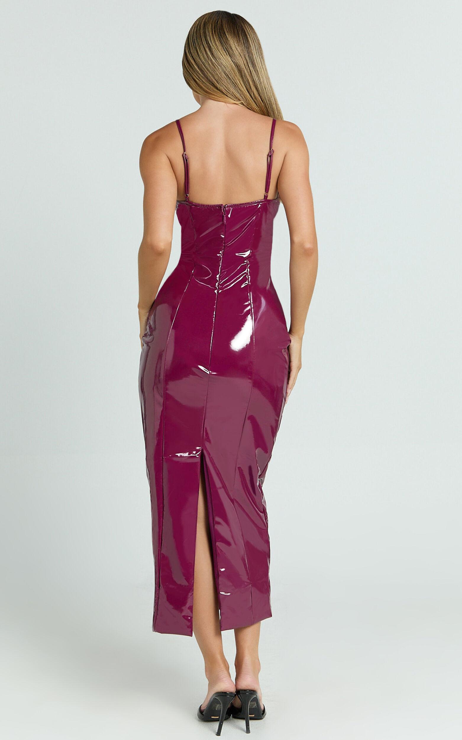 Callie Midi Dress - PU Sweetheart Neck Back Split Bodycon Dress in Dark Cherry Product Image