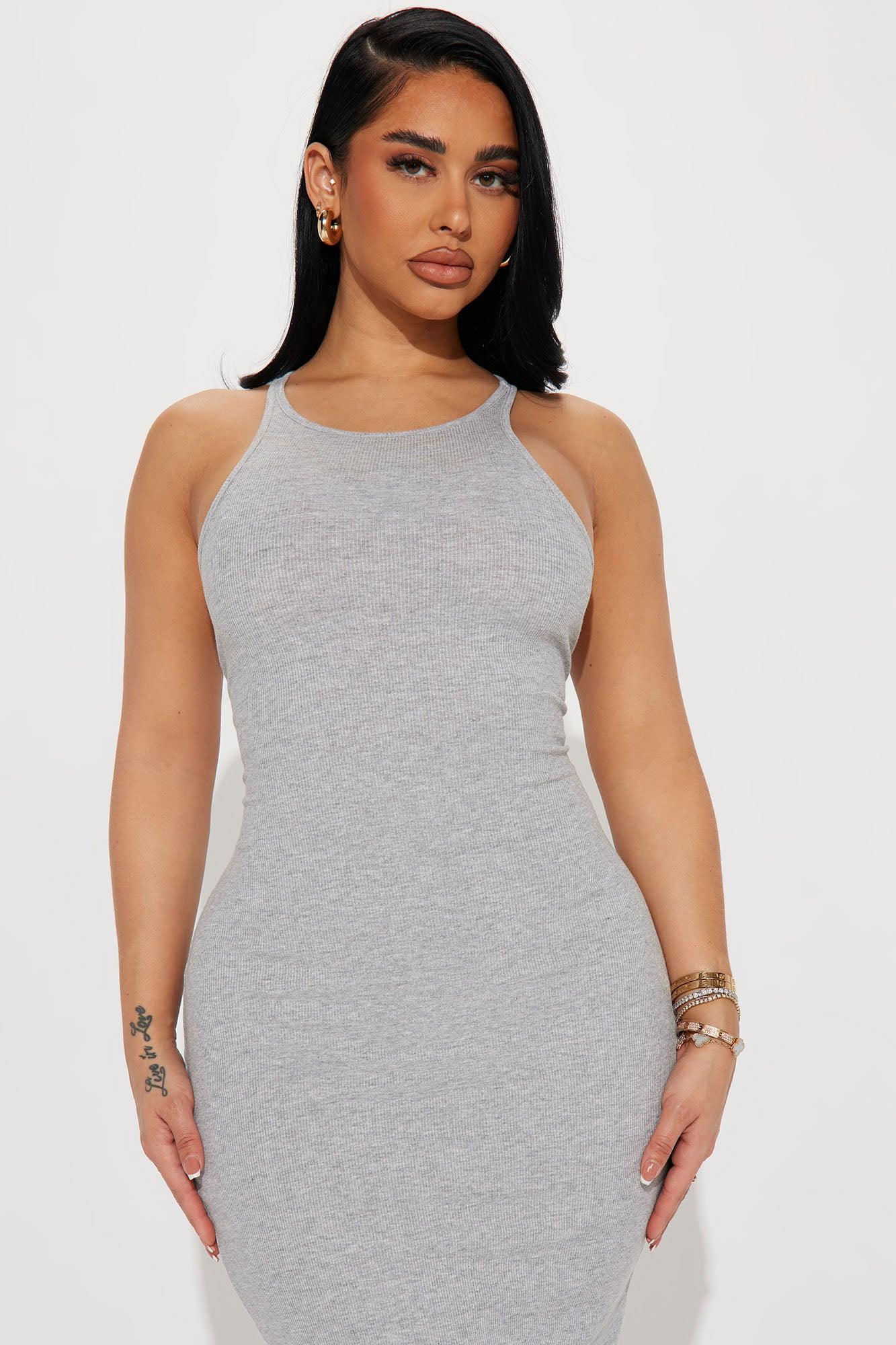 Sleek Chic Ribbed Midi Dress - Heather Grey Product Image