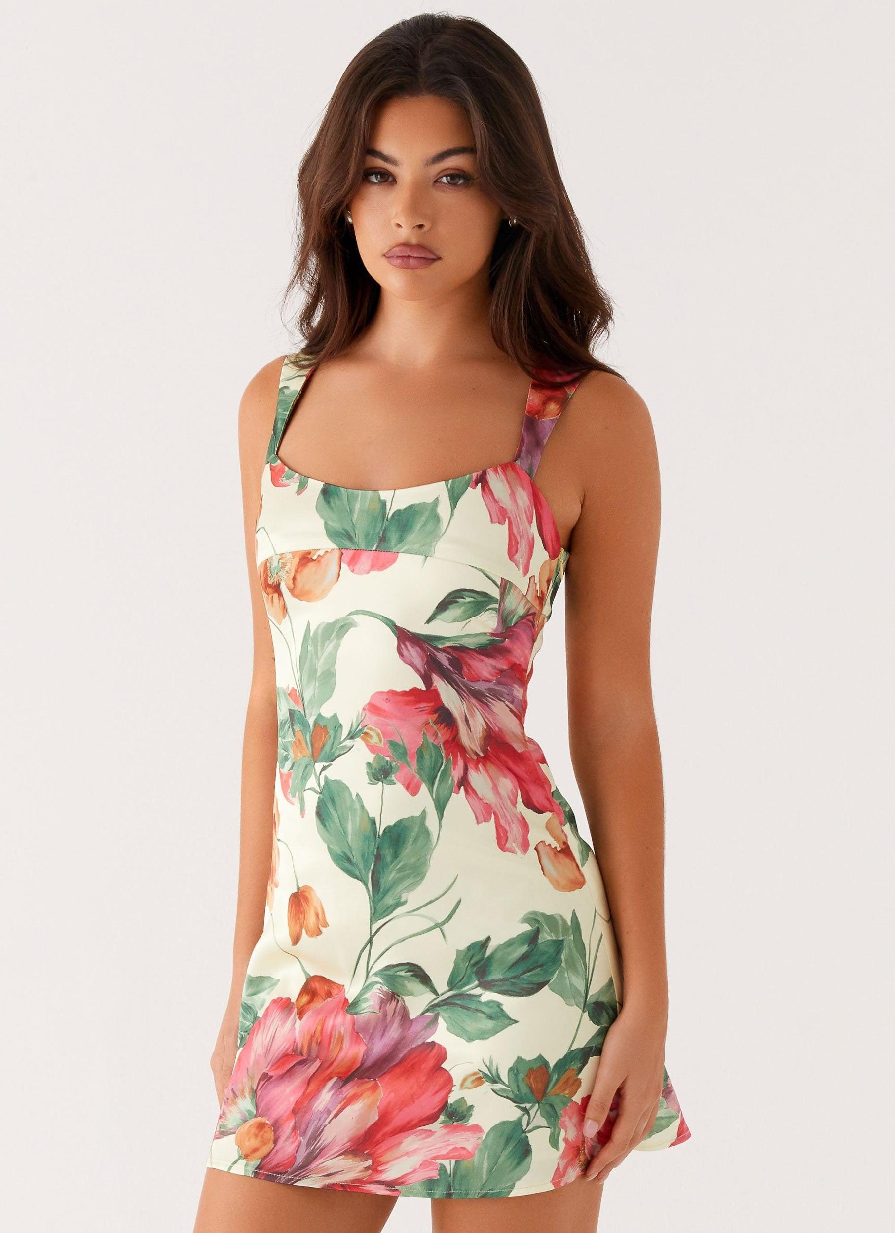 Odette Satin Mini Dress - Yellow Floral Product Image