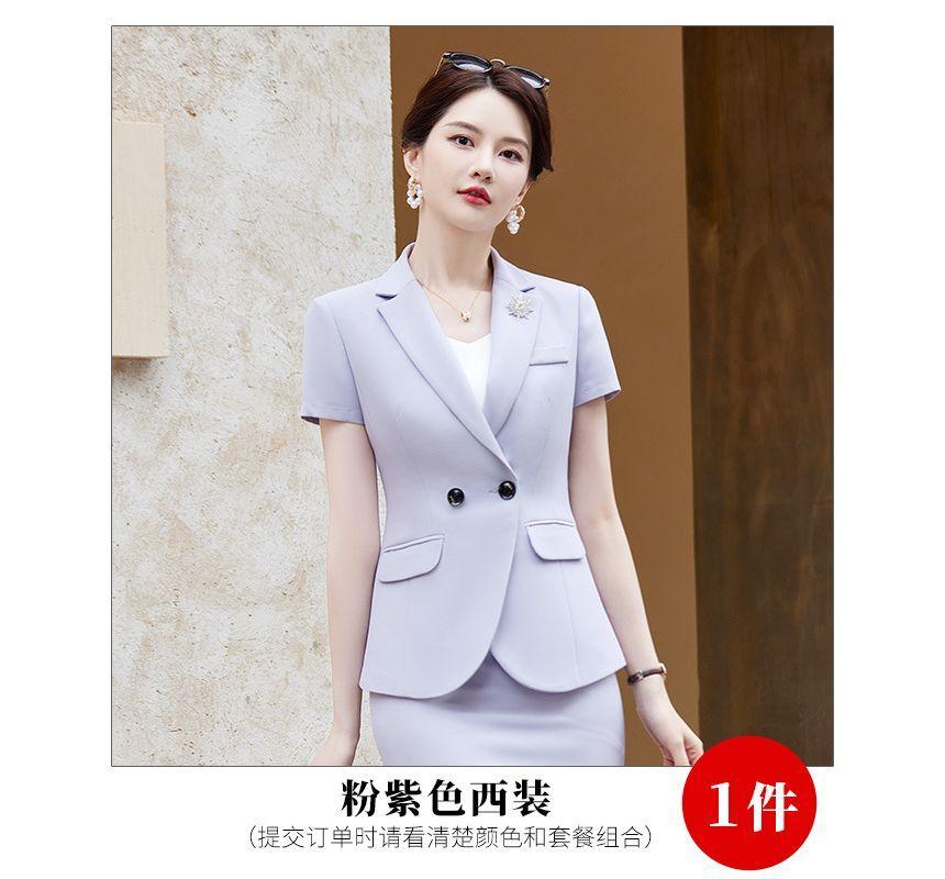 Short-Sleeve Notch Lapel Plain Double Breasted Blazer / High Rise Plain Mini Pencil Skirt / High Rise Cropped Tapered Suit Pants Product Image