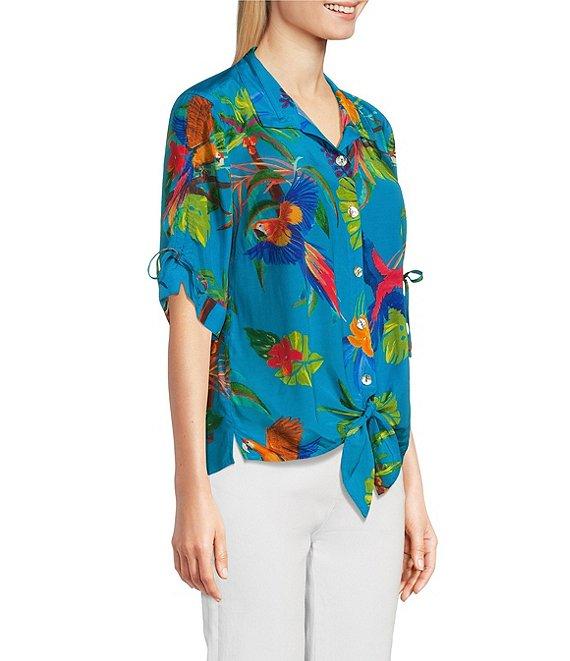 John Mark Tropical Print Cinch Tie Sleeve Button Front Shirt Product Image
