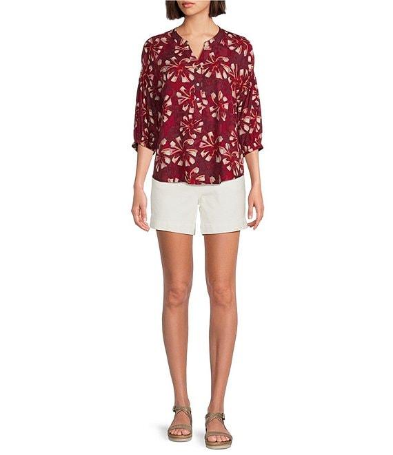 Westbound Petite Size Abstract Elbow Puff Sleeve Partial Button Front Top Product Image