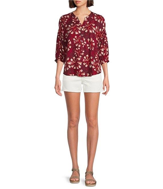 Westbound Petite Size Abstract Elbow Puff Sleeve Partial Button Front Top Product Image