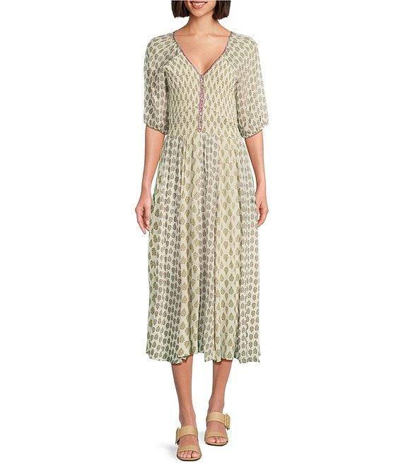 Nurture V-Neck Smocked Bodice Elbow Sleeve Midi Dress Product Image