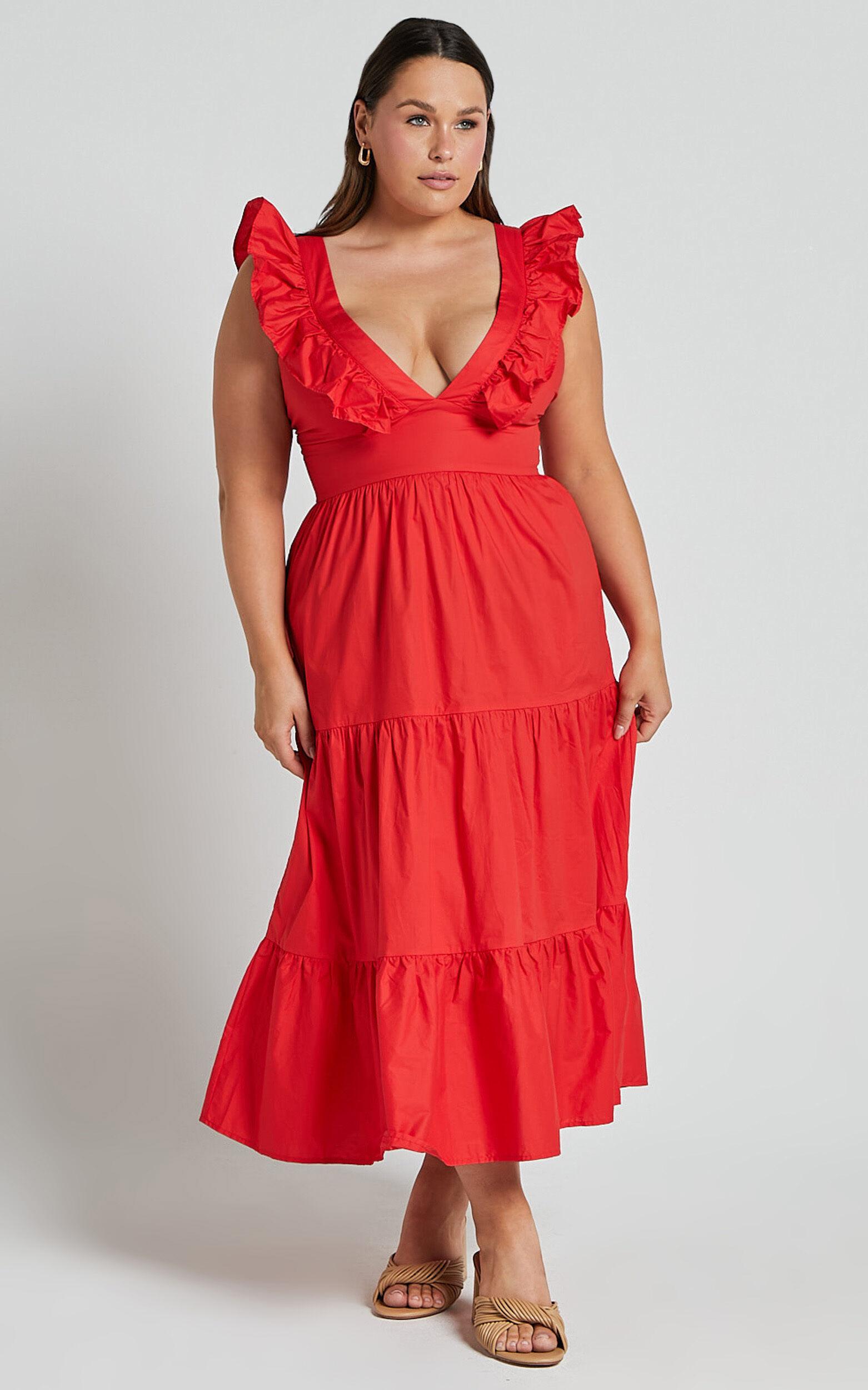 Levona Midi Dress - Ruffle Shoulder Tiered Dress in Cherry Tomato Product Image