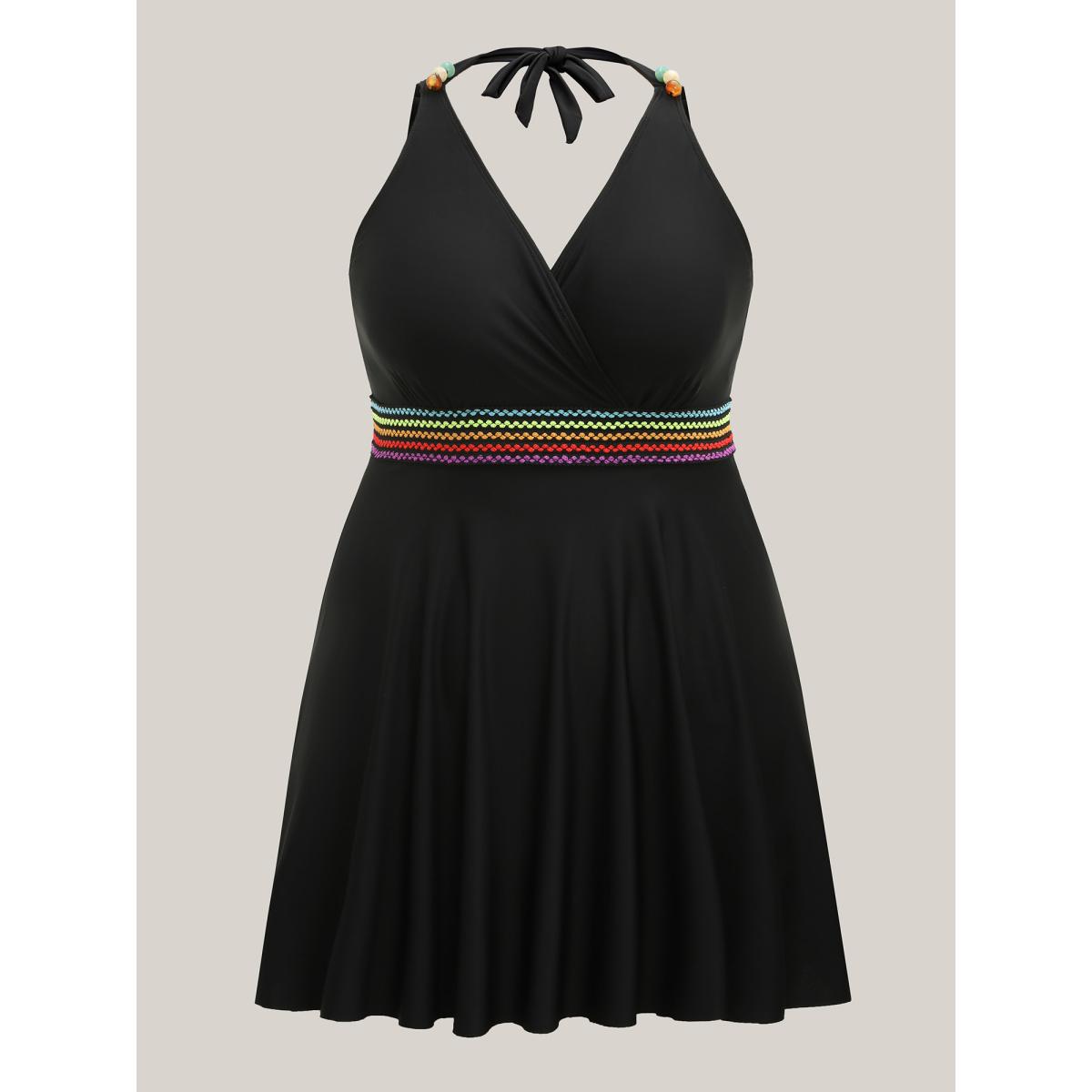 Plus Size Colorful Webbed Pockets Adjustable Swim Dress Women's Swimwear Black Resort Bodycon Overlap Collar High stretch Curve Swim Dresses BloomChic 22-24/3X Product Image