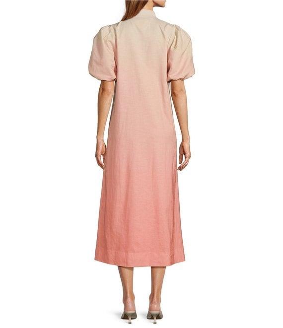 Mestiza New York Elliana Linen Blend Elliana Mandarin Collar Puff Sleeve Embroidered Button Front Midi Dress Product Image