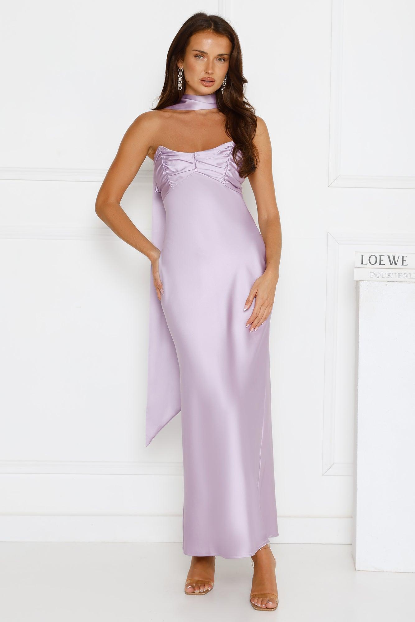 Be Noticed Strapless Satin Maxi Dress Lilac Product Image