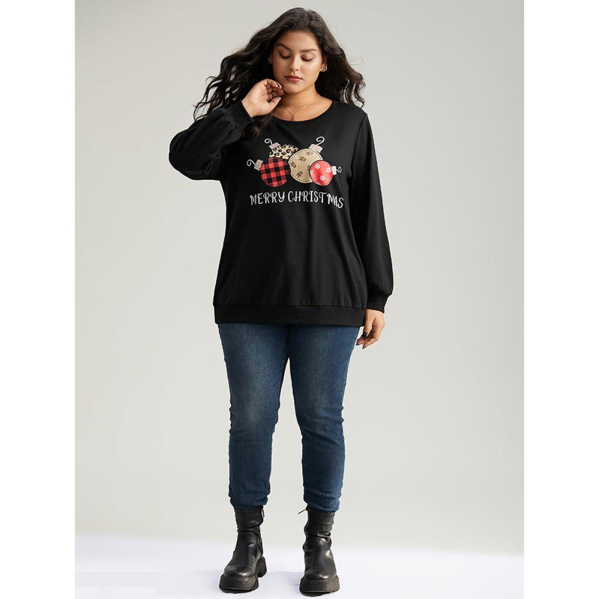 Plus Size Christmas Graphic Sequin Elastic Cuffs Sweatshirt Women Black Elegant Sequin Festival-Christmas Sweatshirts BloomChic 10/M Product Image