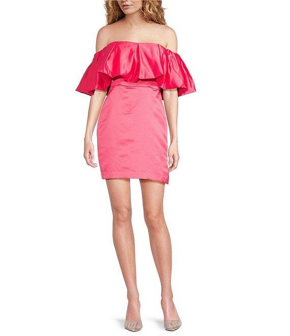 Trina Turk Nia Dutchess Satin Off-The-Shoulder Ruffle Sleeve Dress Product Image