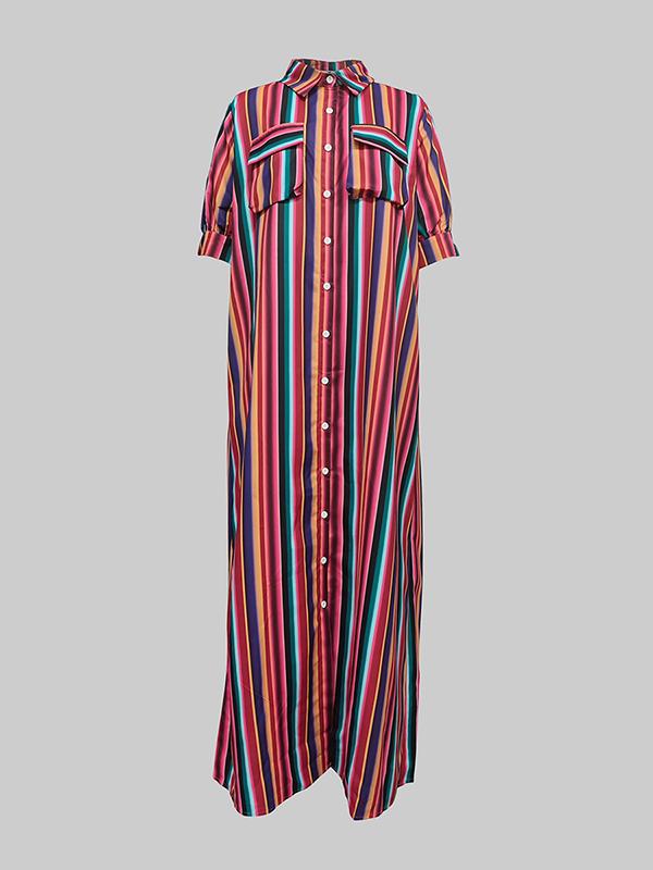 Long Sleeves Loose Split-Joint Striped Lapel Maxi Dresses Shirt Dress Product Image