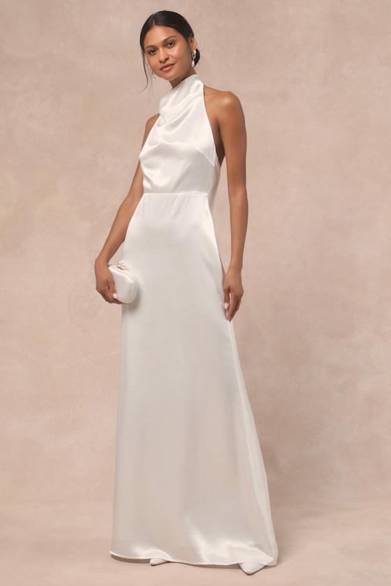 Meliana White Satin Halter Backless Maxi Dress Product Image