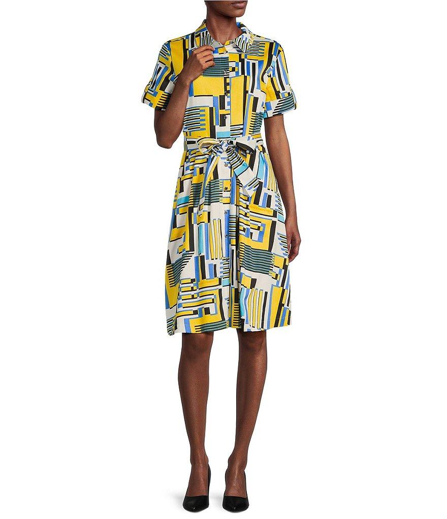 KARL LAGERFELD PARIS Cotton Sateen Printed Point Collar Short Sleeve Belted Shirt Dress Product Image