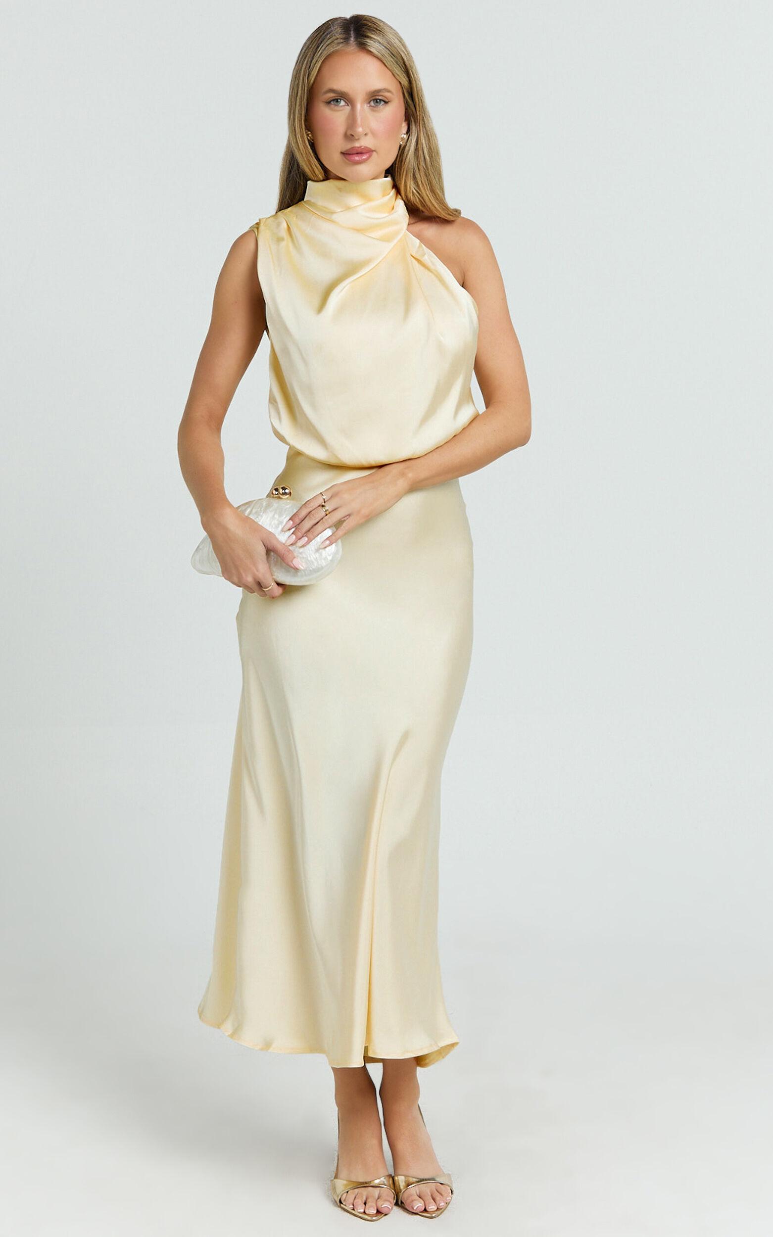Minnie Midi Dress - Drape Neck Satin Slip Dress in Butter Yellow Product Image