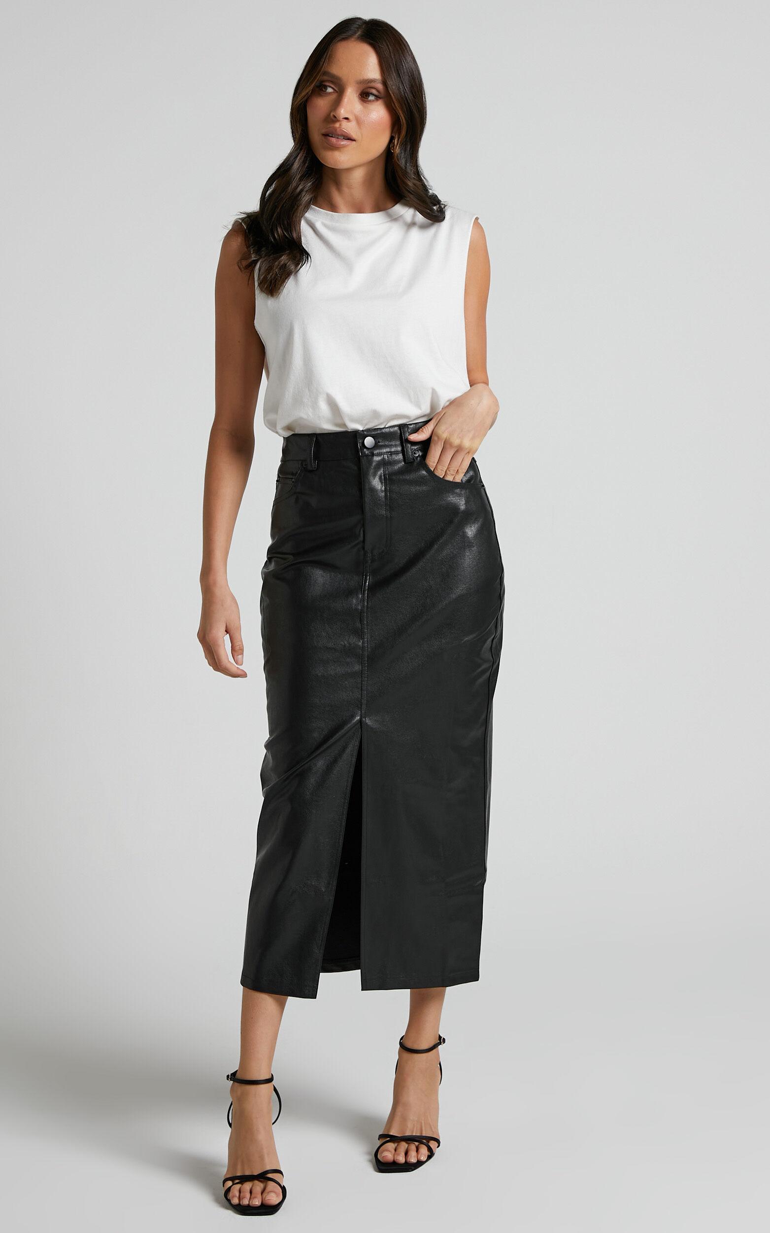 Jules Midi Skirt - Faux Leather High Waisted Front Split Midi Skirt in Black Product Image