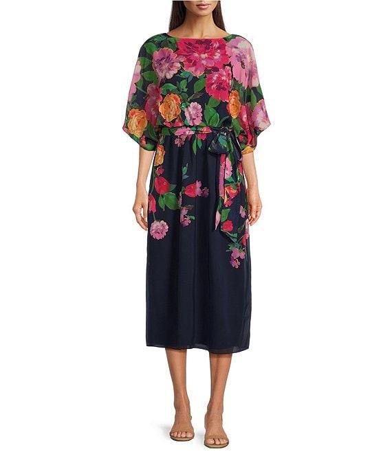 Jessica Howard Dolman Sleeve Floral Print Belted Midi Dress Product Image